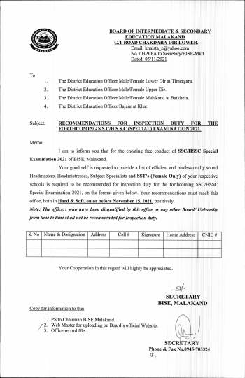 Recommendations for Inspection duty for the forthcoming S.S.C/H.S.S.C (Special) 