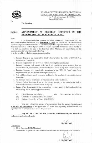 Oppointment as Resident Inspector in the SSC/HSSC (Special) Examination 2021
