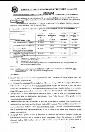 Notification: HSSC (Part-I & Part-II) Annual Exam 2022 (Fee Structure & Dates)