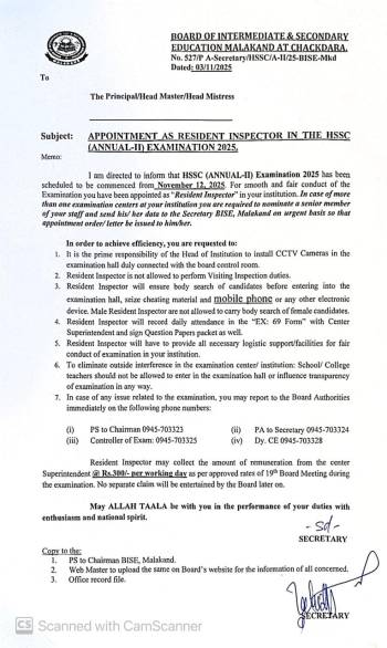 Appointment as Resident Inspector in the HSSC (Annual-II) Examination 2025