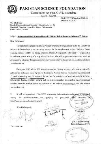 Pakistan Science Foundation - Science Talent Farming Scheme (STFS) - Scholarship