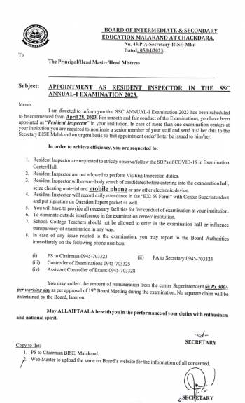 Appointment as Resident Inspector in the SSC Annual-I Exam 2023