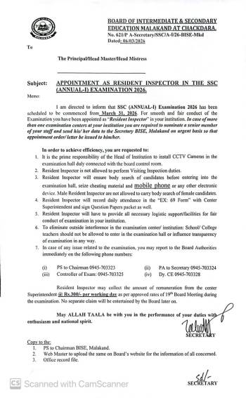 Appointment as resident Inspector in the SSC (Annual-I) Examination 2026