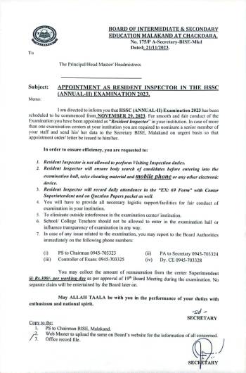 Appointment as Resident Inspector in the HSSC (Annual-II) Examination 2023