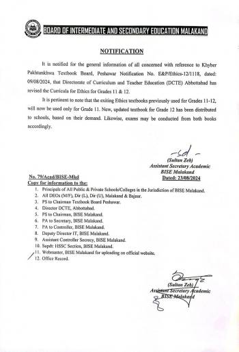 Revised Curricula for Ethics for Grade 11 & 12 DCTE Abbottabad