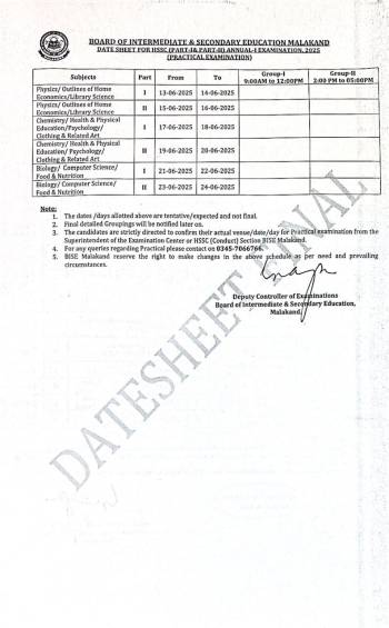 Date Sheet for HSSC (Part-I & Part-II) Annual-I Examination 2025