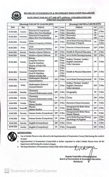 Date Sheet: SSC Annual-I 2026 (9th/10th) Examination