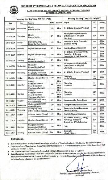 Datesheet: SSC(9th & 10th) Annual-II Examination 2024