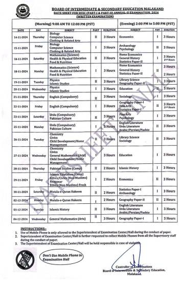 Date Sheet: HSSC Annual-II Examination 2024