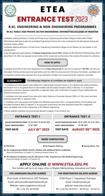 ETEA Entrance Test for admission to Engineering Universities/Colleges is schedul
