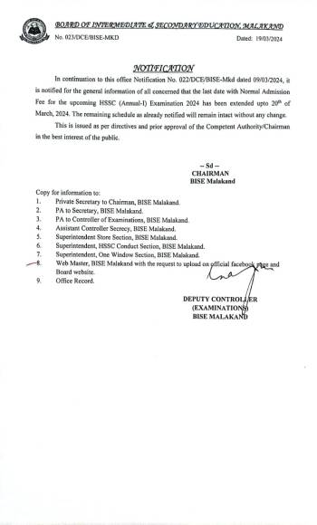 HSSC Annual-I Admission 2024: Extension in Normal Date