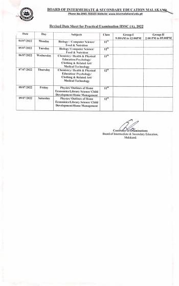 Revised Date Sheet for Practical Examination HSSC (A), 2022