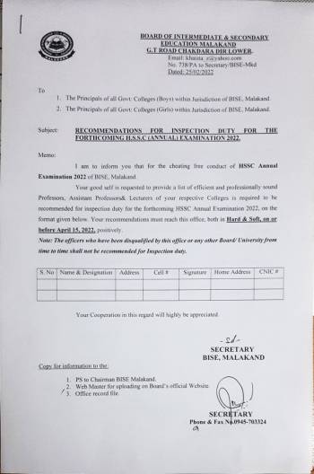 INSPECTION DUTY RECOMMENDATIONS HSSC-A-2022
