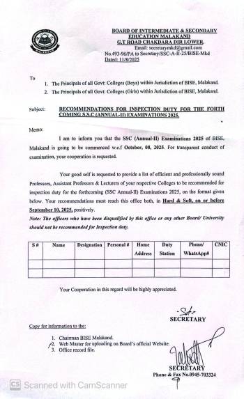 Recommendations for Inspection Duty for the Forth Coming SSC Annual-II Examinati