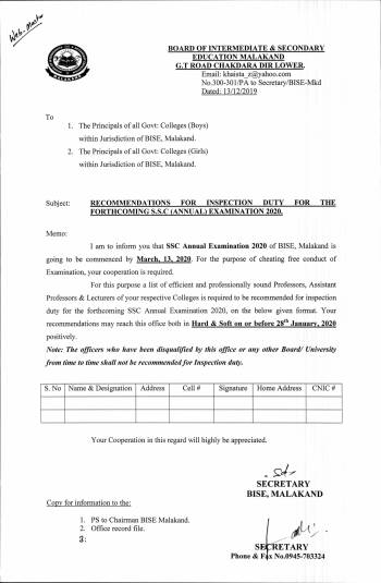 RECOMMENDATIONS FOR INSPECTION DUTY SSC 2020