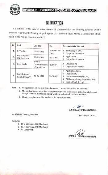 Fee and Schedule about Re-Totalling, UFM Appeal, Grace Marks and Cancellation of