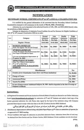 Notification: Matric (SSC) (9th & 10th) Annual-I Examination 2026 Admissions Dat