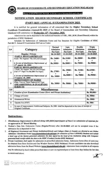 HSSC Annual-II 2025 Examinations Dates and Fee Structure
