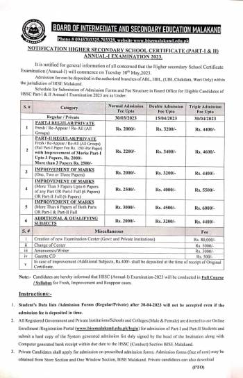 Notification: HSSC Annual-I 2023 (Part-I & II) Dates and Fee