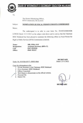 Nomination of focal person for RTS Commission