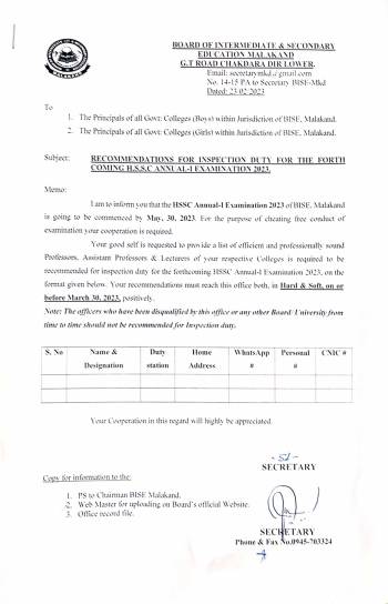 Recommendations for Inspection Duty for the forthcoming HSSC Annual-I Exam 2023