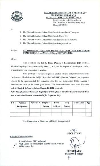 Recommendation for Inspection Duty for the forth coming HSSC Annual-I Examinatio