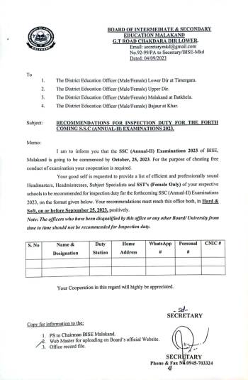 Recommendations for Inspection Duty for the forthcoming SSC Annual-II Exams 2023