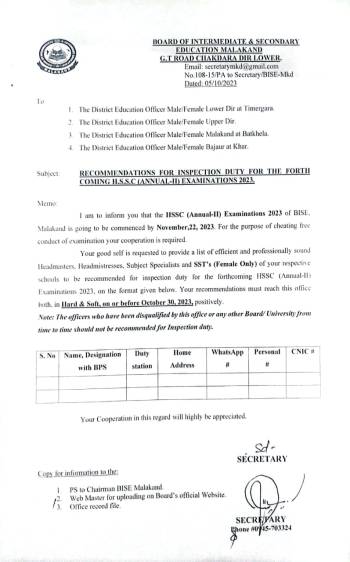 Recommendation for Inspection duty for the forthcoming HSSC Annual-II 2023 Exami