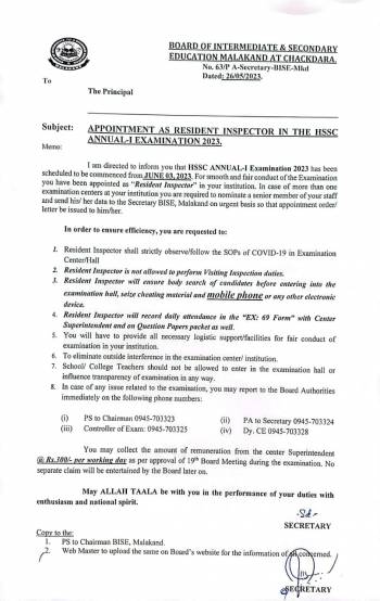 Appointment as Resident Inspector in the HSSC Annual-I Exam 2023