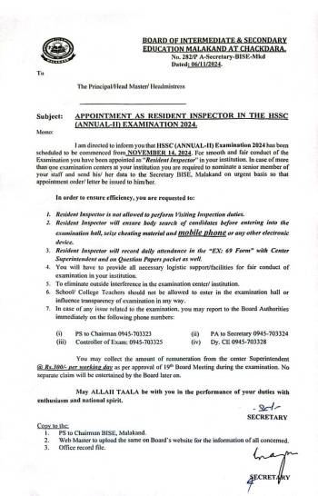 Appointment as Resident Inspector in the HSSC (Annual-II) Examination 2024