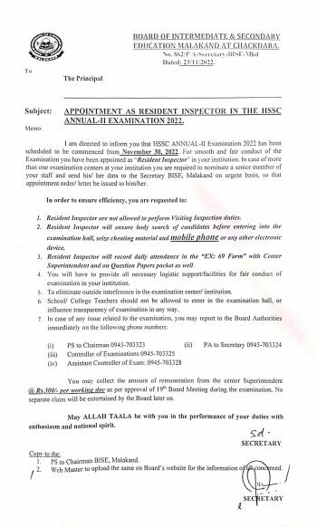 Appointment as resident inspector in the hssc annual-II examination 2022