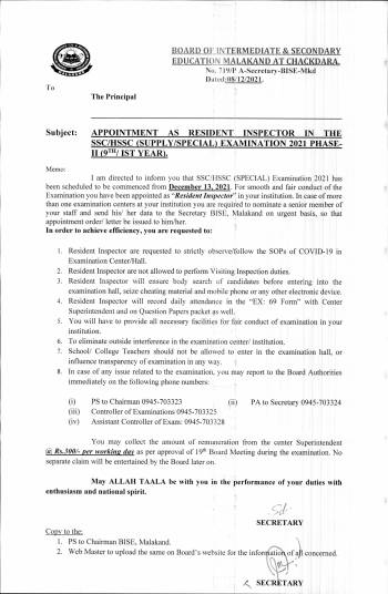 Appointment of Resident Inspectectors Special Exam 9th/1st Year 2021