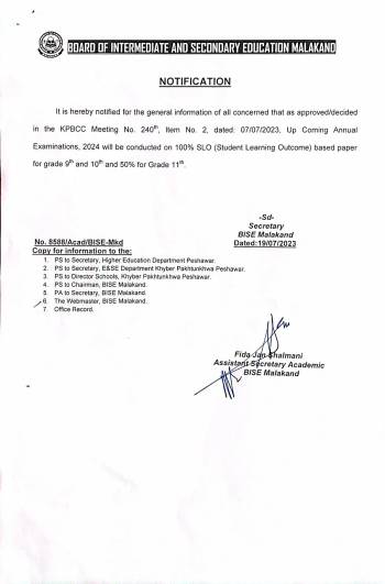 Notification: 100% SLO based papers for grade 9th & 10th and 50% for grade 11th