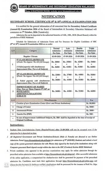 Notification: Matric (SSC) (9th & 10th) Annual-II Examination 2026 Admissions Da