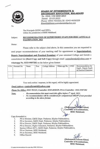 Recommendation of Supervisory Staff for HSSC Examination Annual-I 2023