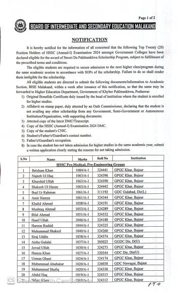 Top 20 HSSC Annual-I Examination 2024 Position Holders from Government Colleges 