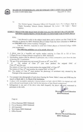 Trails for the selection of BISE Malakand Cricket Boys team for the session 2-22