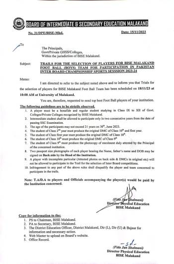 Trails for the selection of players for BISE Malakand Football (Boys) Team