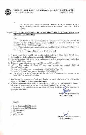 Trails for the selection of BISE Malakand Hand Ball Boys team for the session 2-