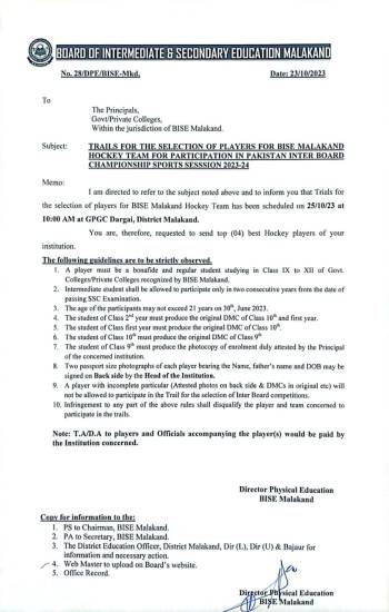 Trails for the selection of players for BISE Malakand Hockey Team for the partic