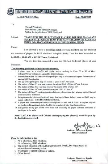 Trails for the selection of Players for BISE Malakand Volleyball (Girls) Team fo